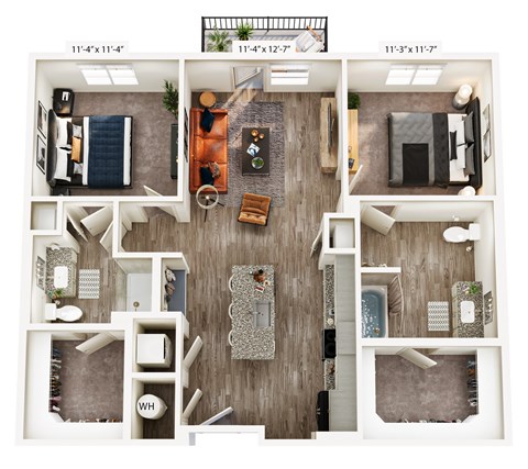 A top down view of a small apartment layout with a living room, kitchen, and bathroom.